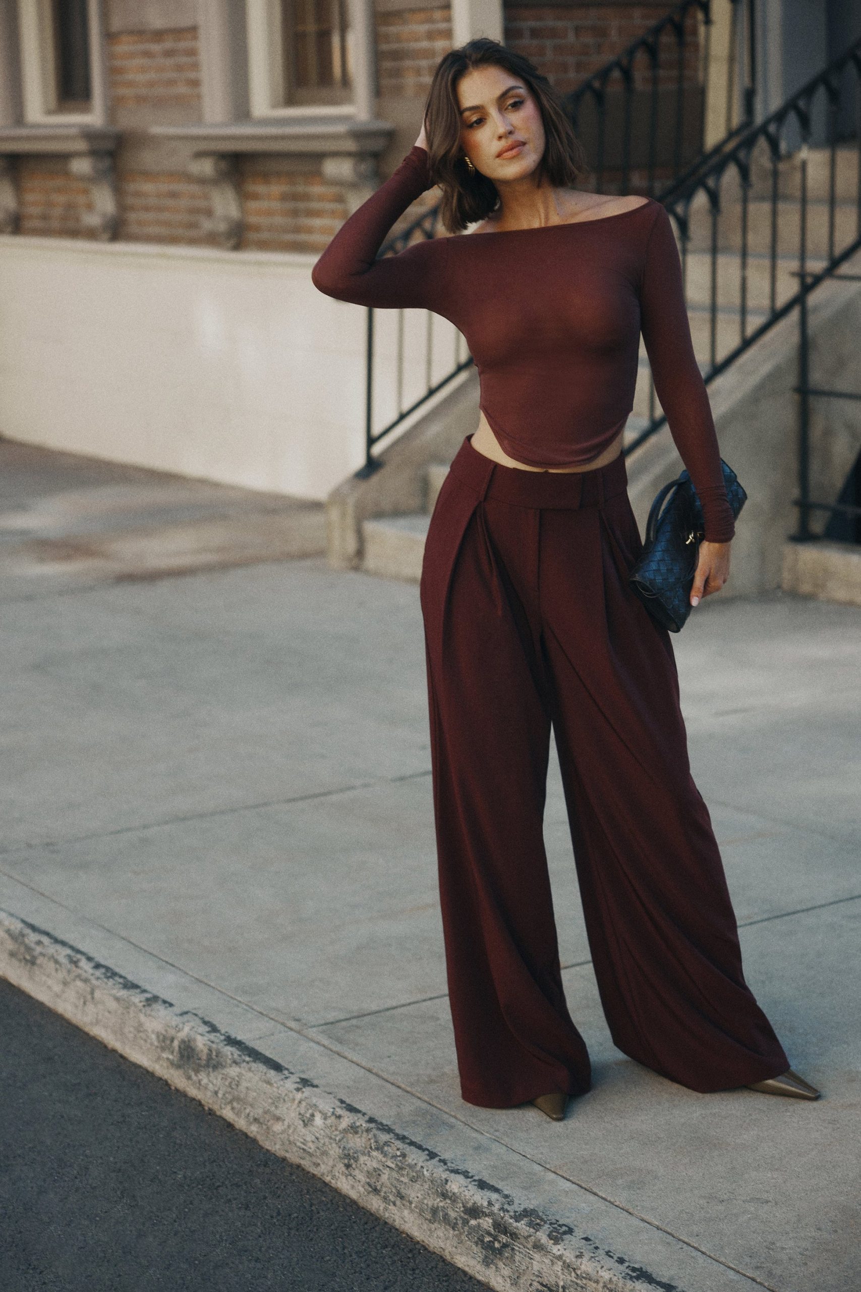 Jacqueline Pleated Wide Leg Pants / Mahogany | MESHKI | S