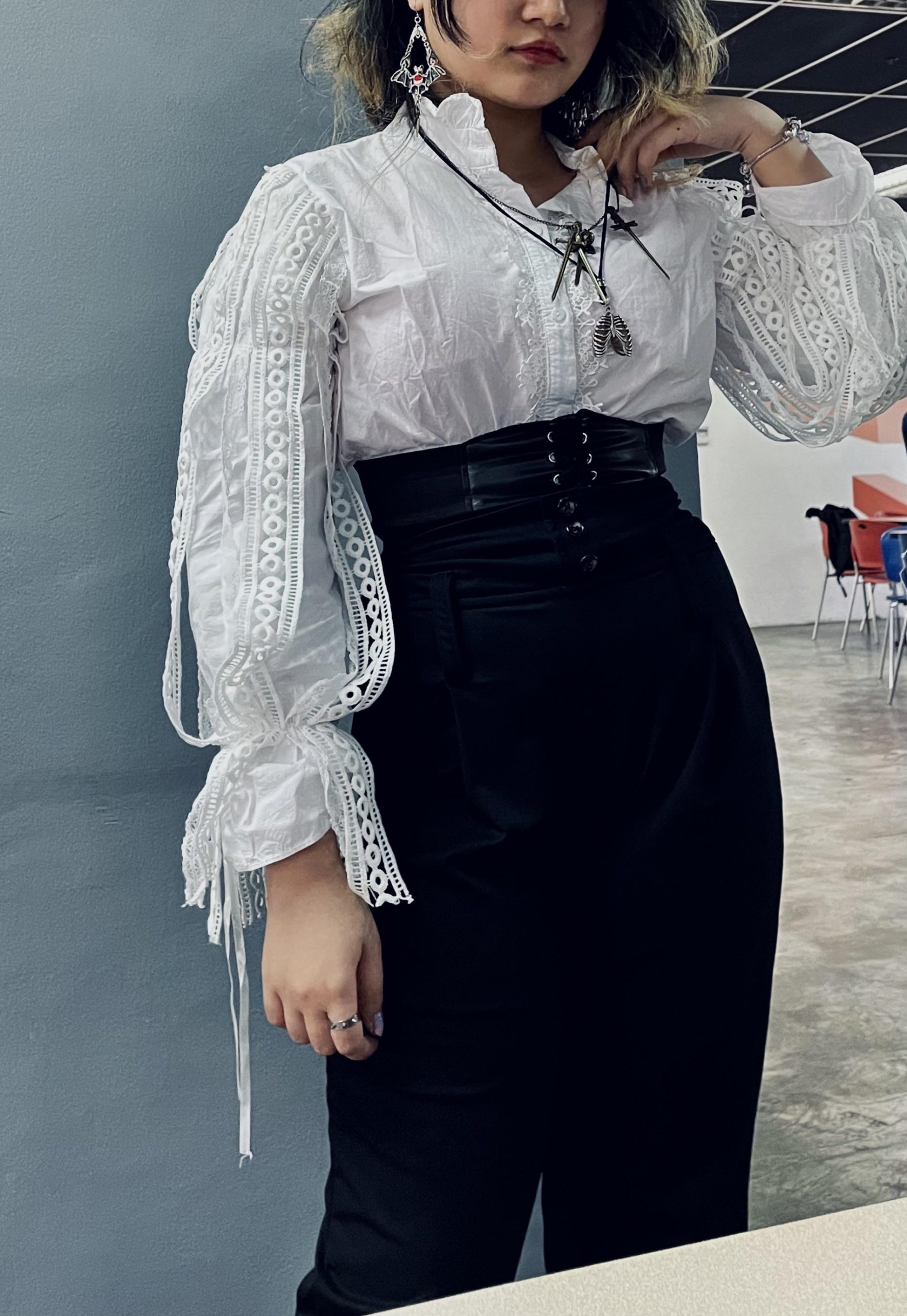 White Lace Blouse with Black Corset Belt and Skirt White Lace Blouse with Black Corset Belt and Skirt — Vampire Aesthetic Outfits