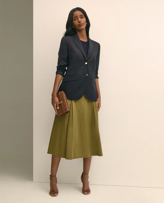 Sophisticated Olive Green A-Line Midi Skirt with Navy Blazer — A Line Skirts