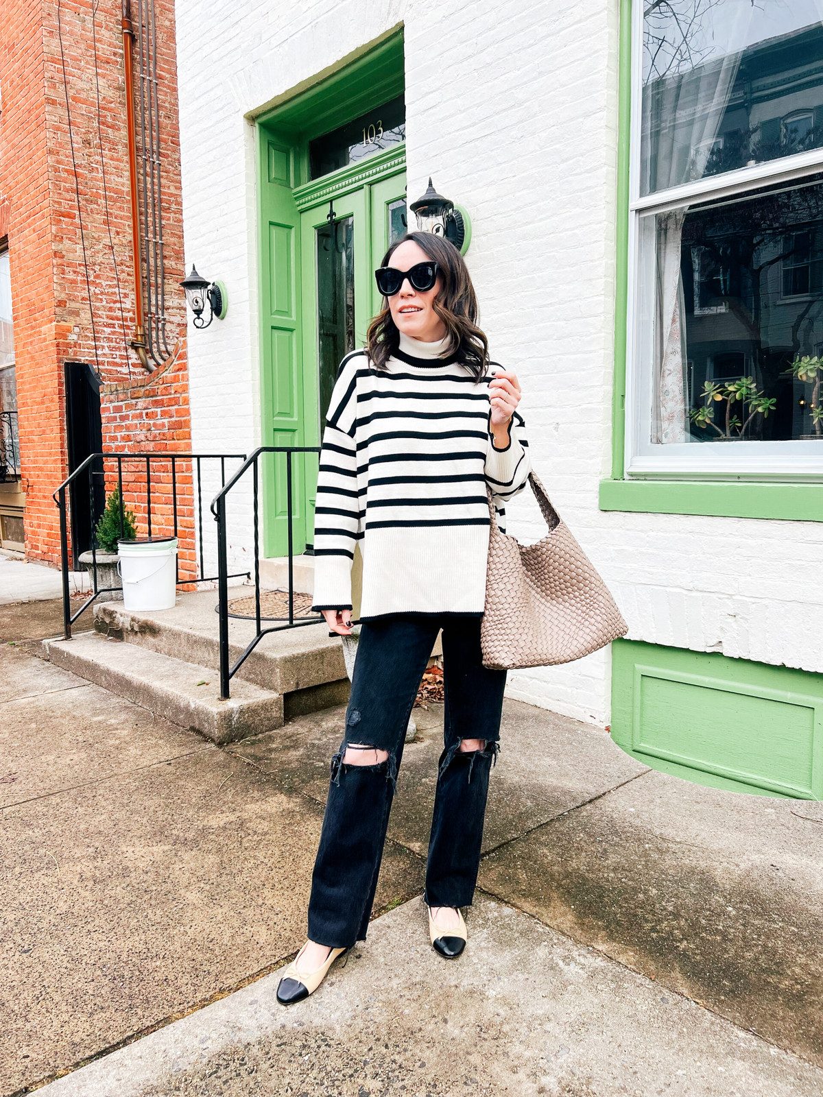 Striped Turtleneck and Ripped Jeans with Cap-Toe Ballet Flats — Ballet Flats with Jeans Outfits