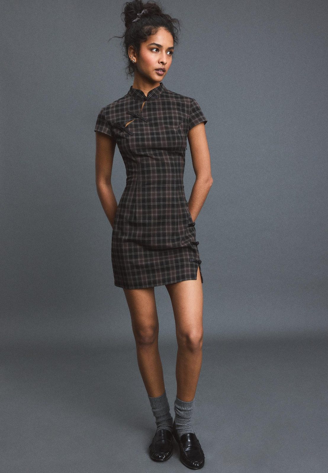 Plaid Mini Dress with Loafers and Grey Socks — Loafers with Dress Outfits