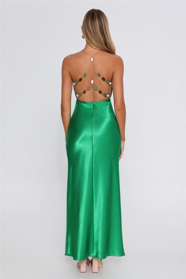 Emerald Green Satin Maxi Dress with Open Back Detail — Satin Dresses