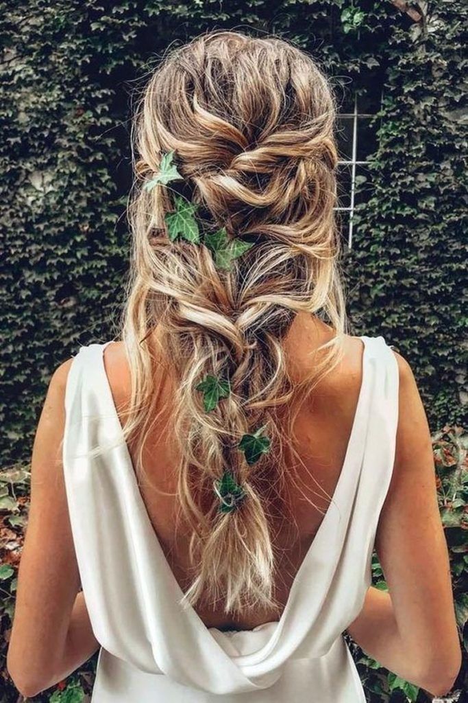 Blonde Braid Interwoven With Green Ivy Blonde Braid Interwoven With Green Ivy — Boho Wedding Hair