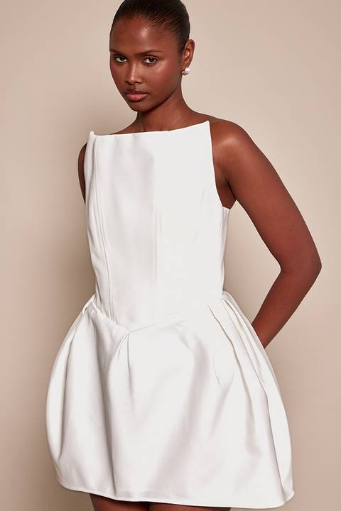 Structured White Dress with Sculptural Square Neckline Structured White Dress with Sculptural Square Neckline — Graduation Party Outfits