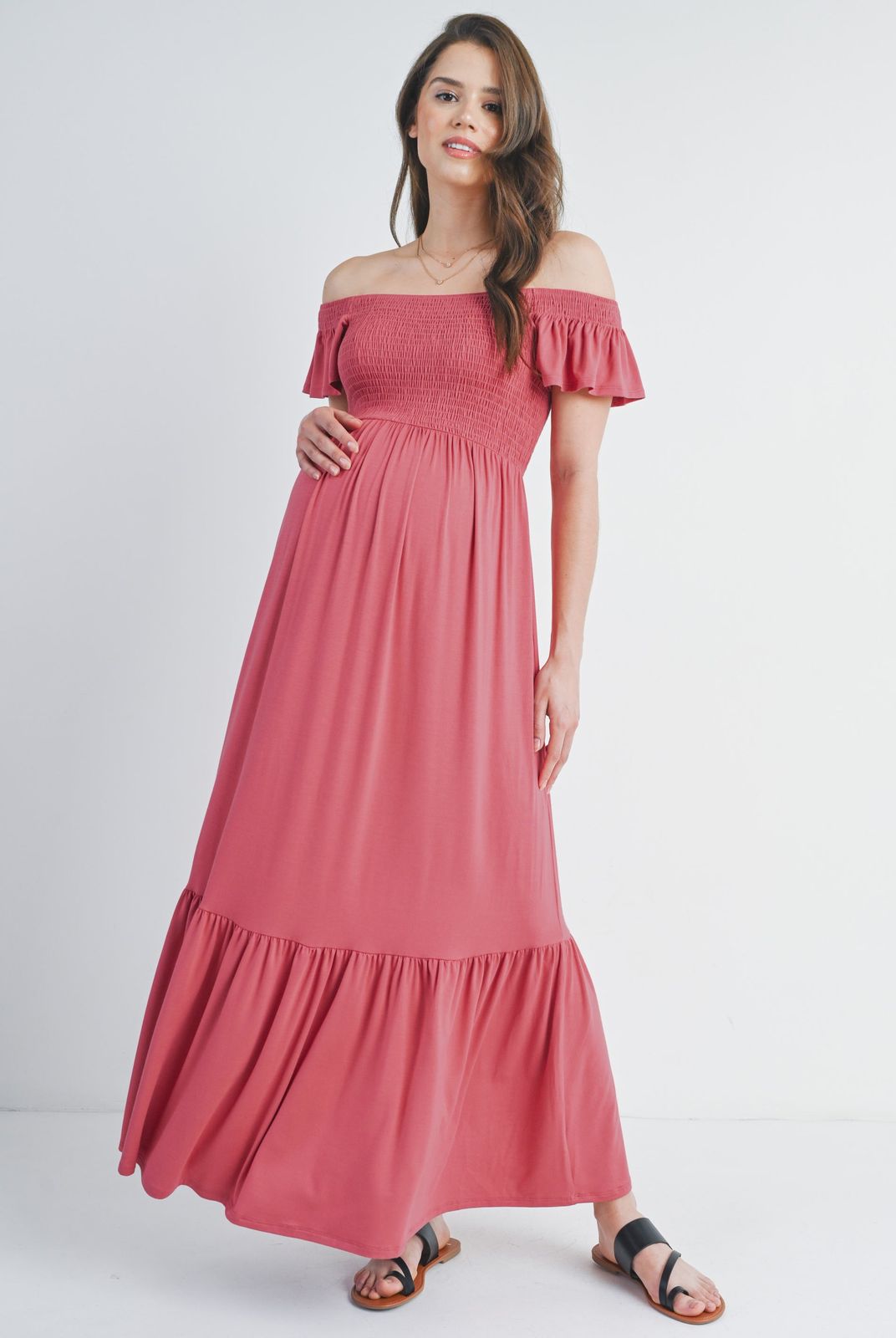 Dusty Rose Off-the-Shoulder Maxi Dress with Smocked Bodice and Tiered Skirt for a Romantic Baby Shower Dusty Rose Off-the-Shoulder Maxi Dress with Smocked Bodice and Tiered Skirt for a Romantic Baby Shower — Baby Shower Dresses