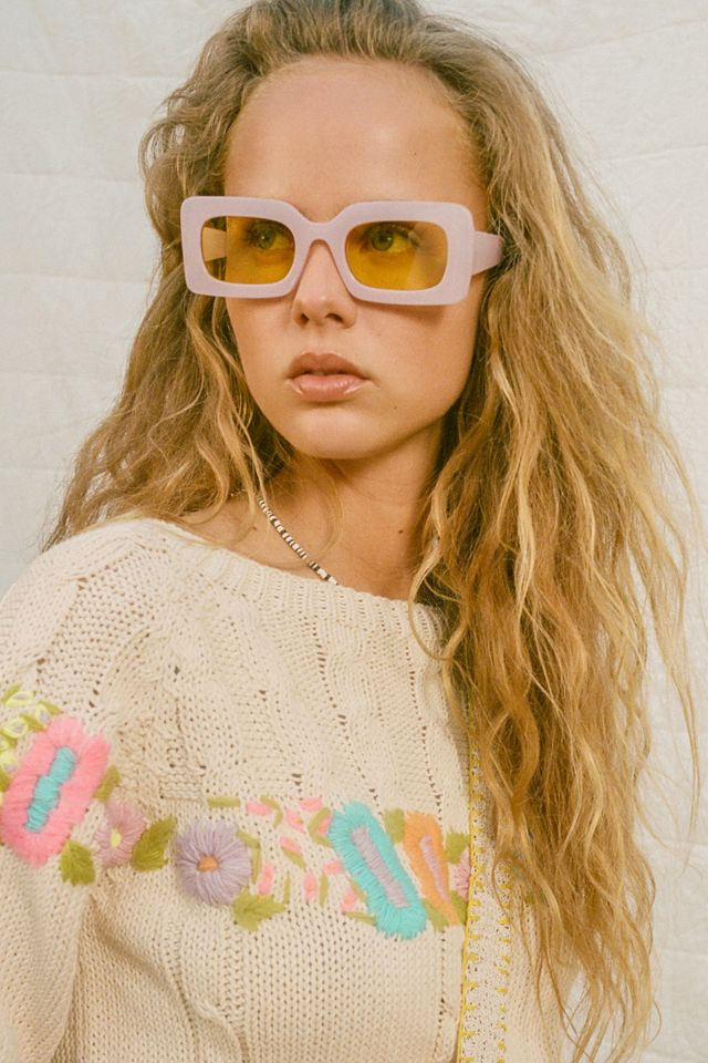 Pastel Pink Rectangle Sunglasses with Embroidered Sweater Pastel Pink Rectangle Sunglasses with Embroidered Sweater — Rectangle Sunglasses Outfits
