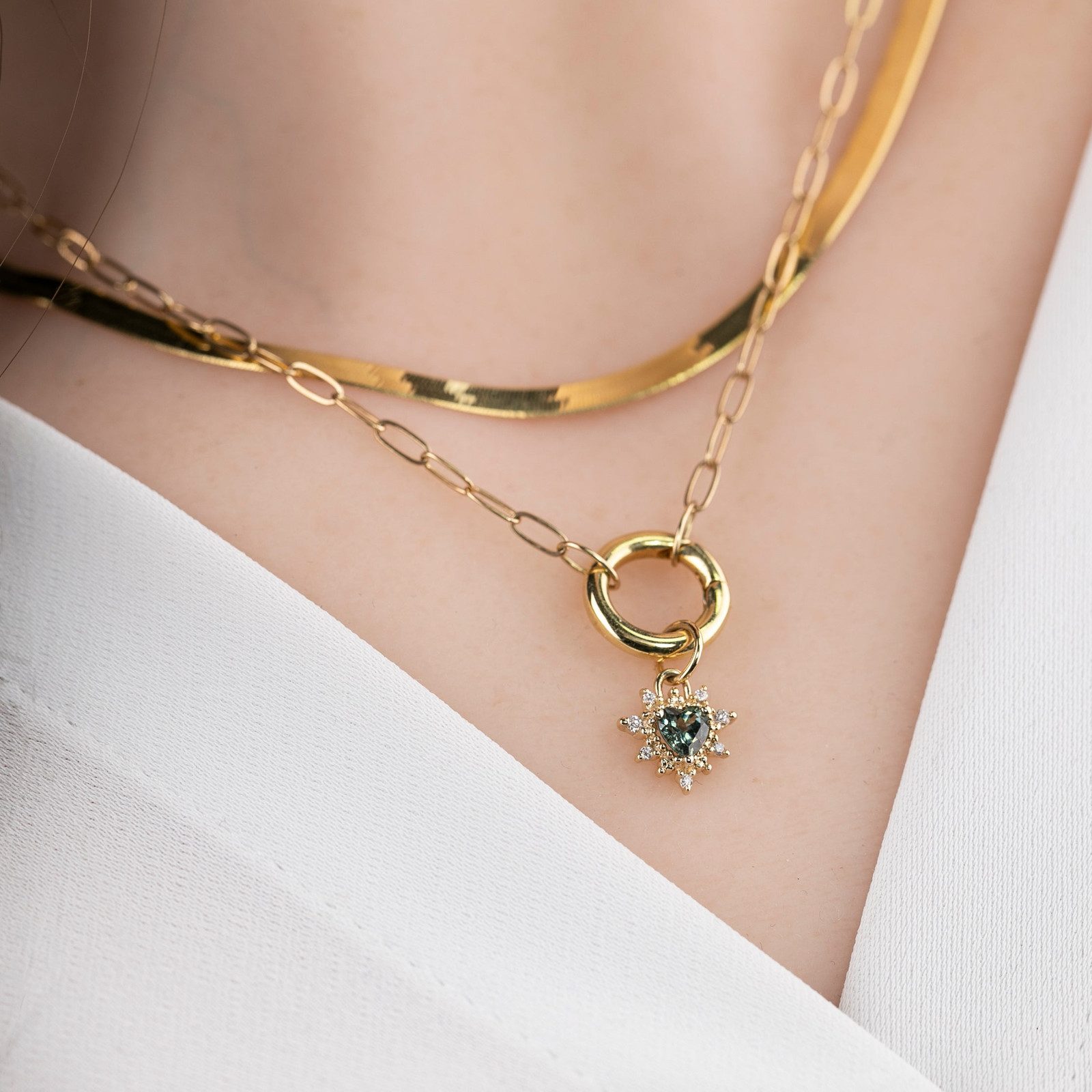 Star Charm with Green Stones on Layered Chains Star Charm with Green Stones on Layered Chains — Charm Necklaces