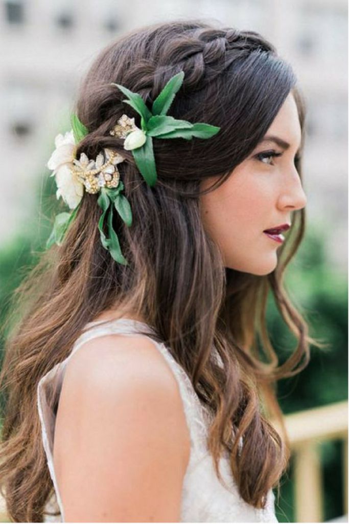 Half-Up With Braid and Floral/Jeweled Accessories — Boho Braided Wedding Hair