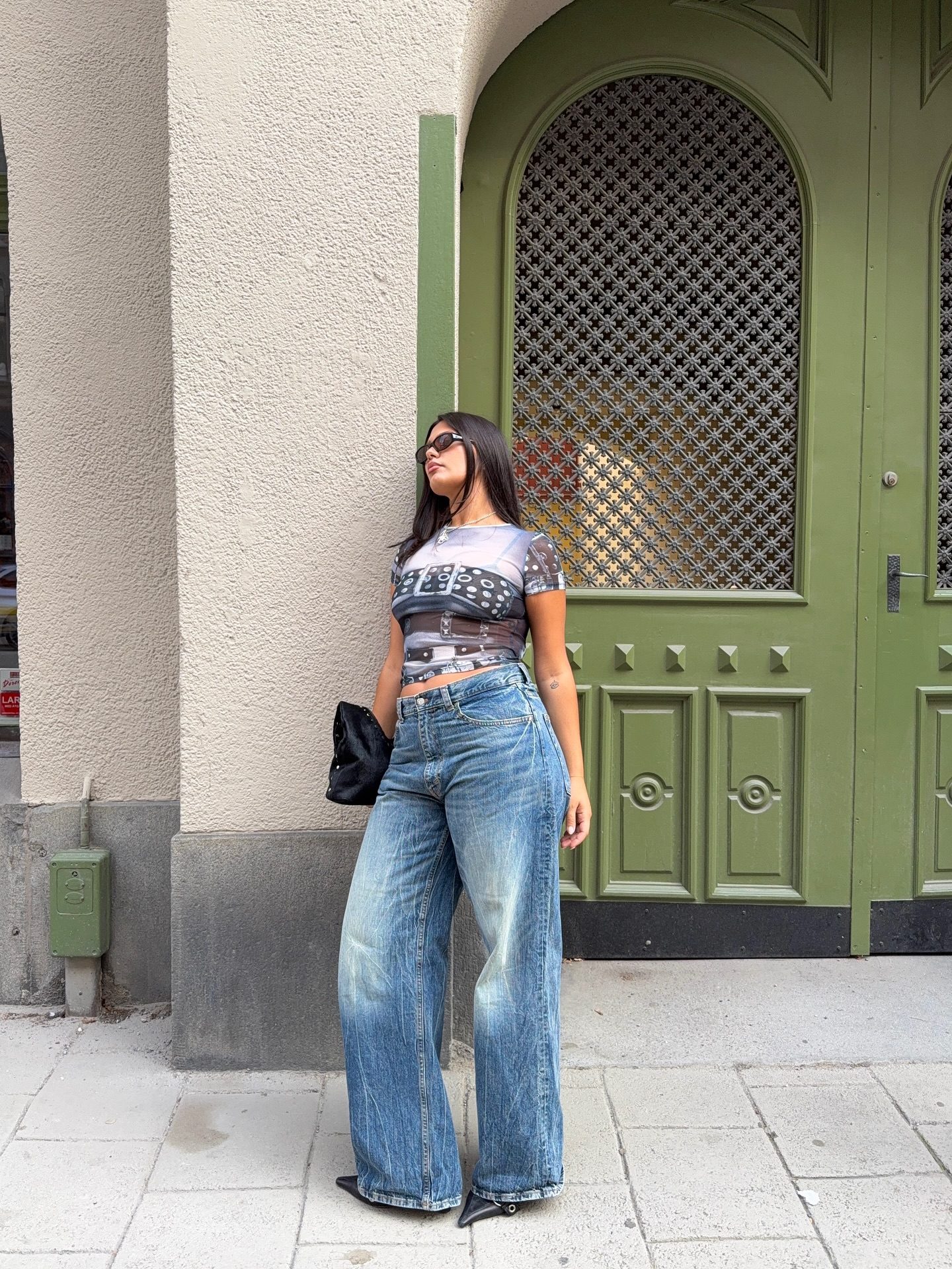 Wide-Leg Jeans with a Graphic Mesh Top and Heels — Denim Outfits