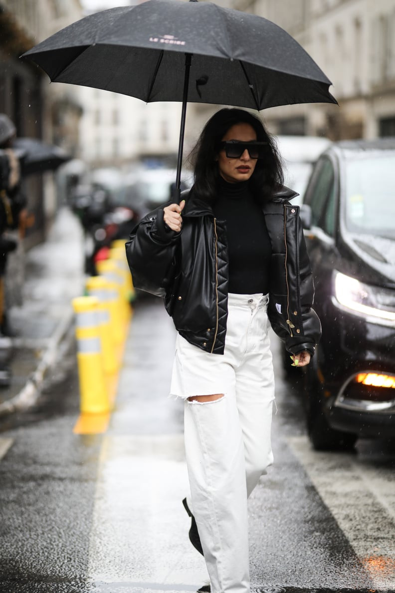 Casual Streetwear Distressed White Wide-Leg Jeans with Leather Jacket Casual Streetwear Distressed White Wide-Leg Jeans with Leather Jacket — Ripped Jeans Outfits