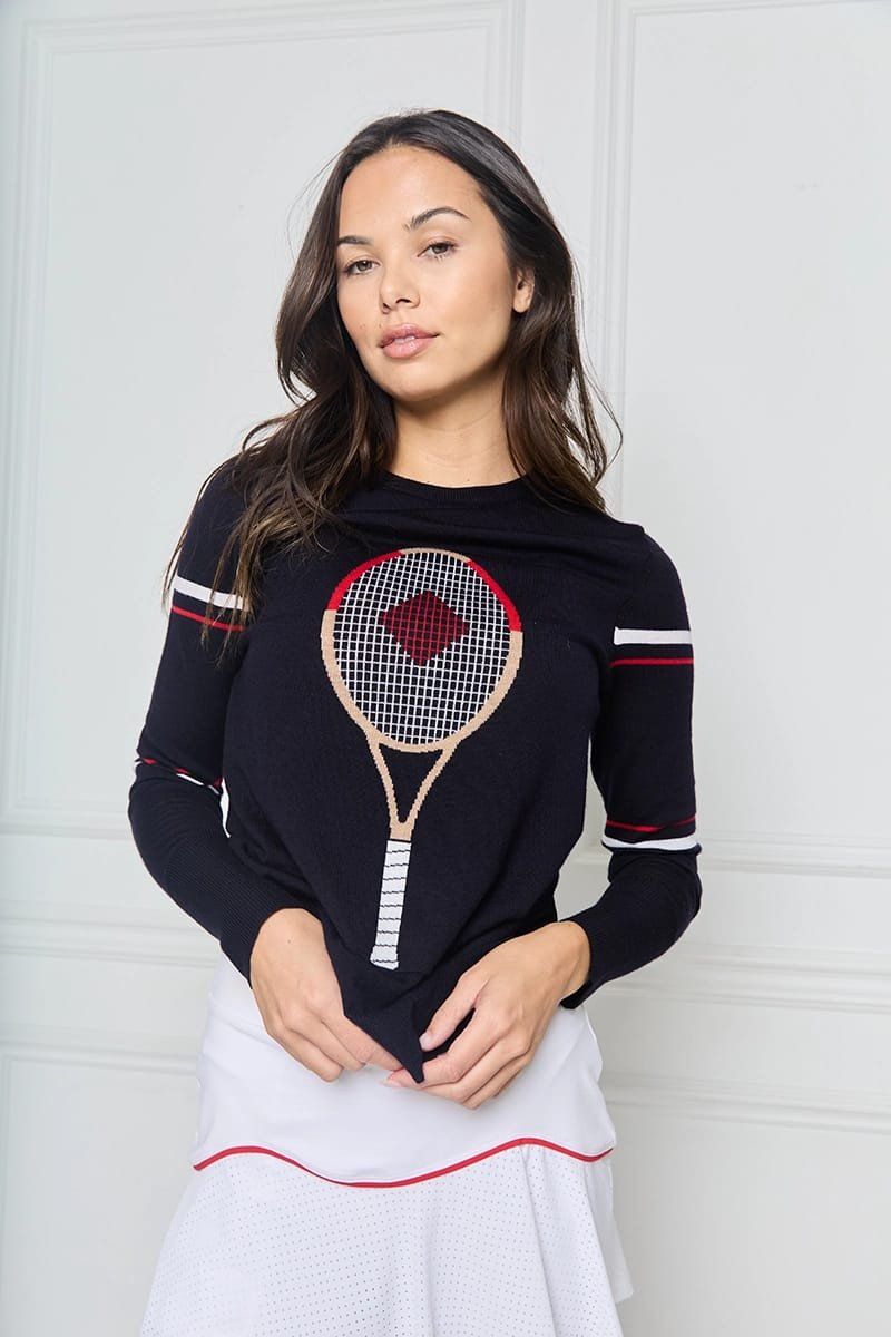 Navy Sweater with Tennis Racket Graphic and Pleated Skirt for Athleisure — Tenniscore Outfits