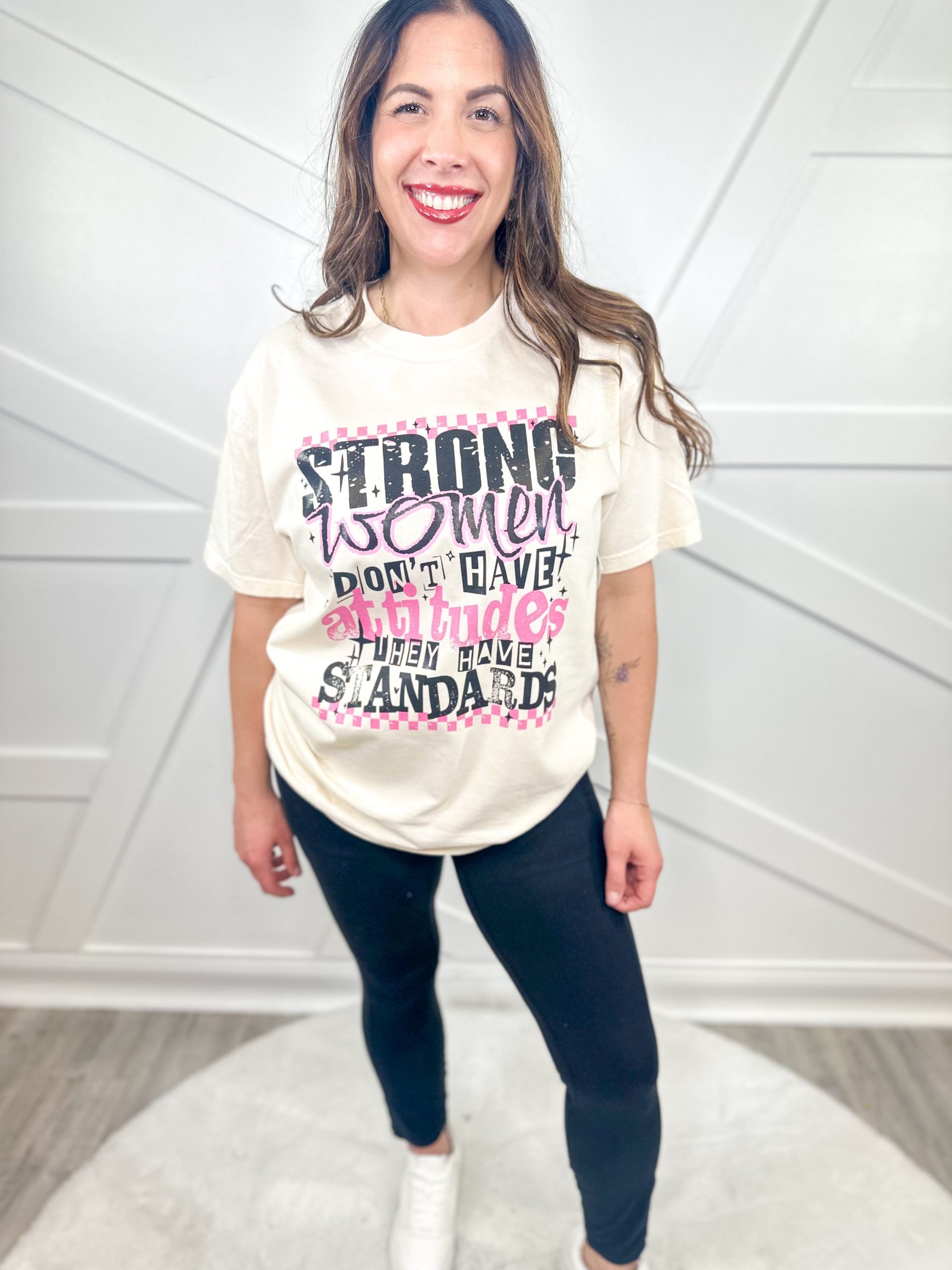 Cream 'Strong Women' Slogan Tee with Black Leggings Cream 'Strong Women' Slogan Tee with Black Leggings — Graphic Tees