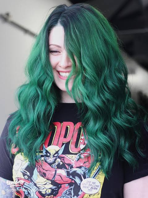 Shoulder Forest Green Waves With Curtain Bangs — Forest Green Hair