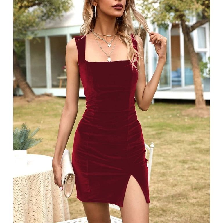 Deep Red Velvet Bodycon Dress: Ruching and Slit — Date Party Dresses