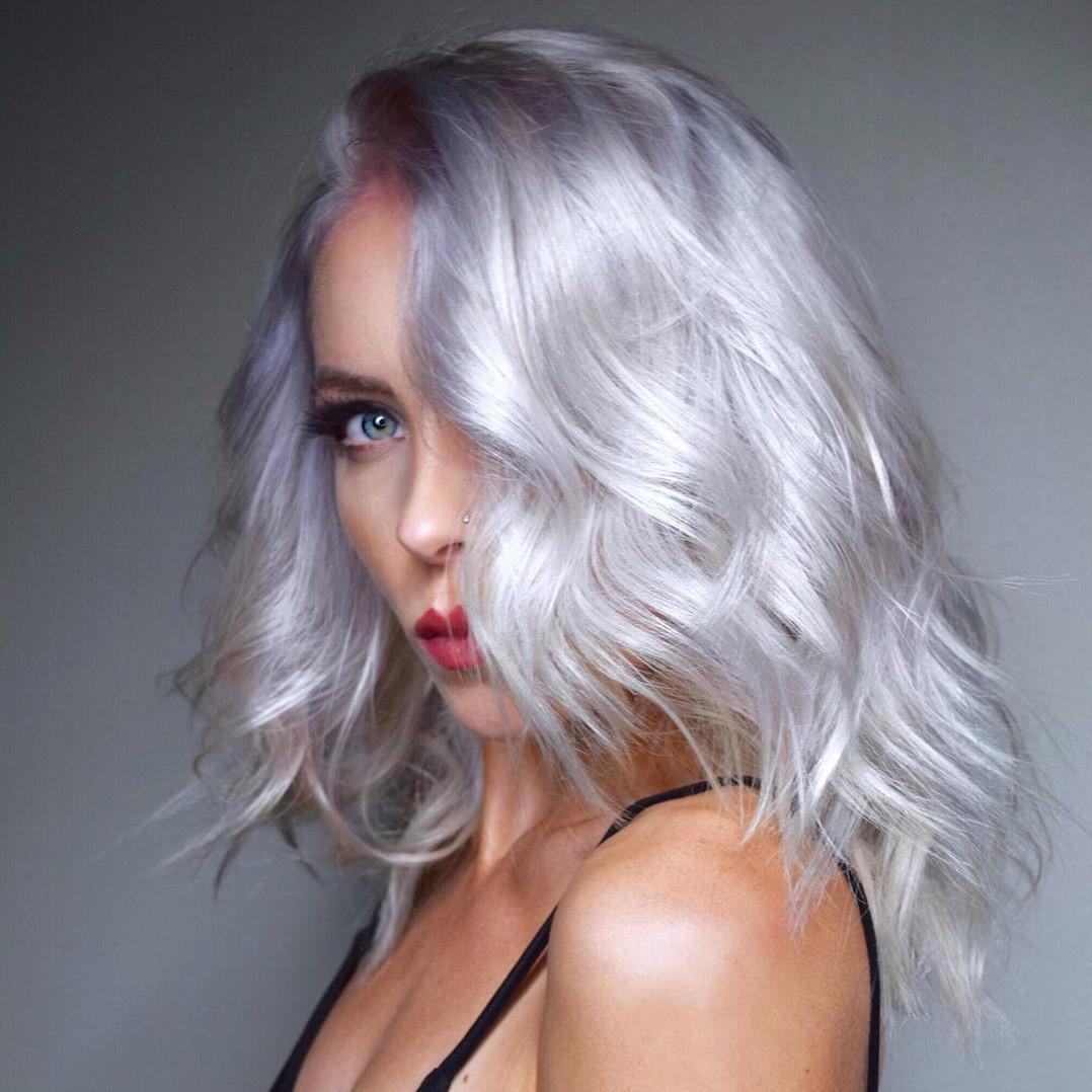 Icy Platinum Blonde Mid-Back Waves Icy Platinum Blonde Mid-Back Waves — Hair Color for Fair Skin Blue Eyes