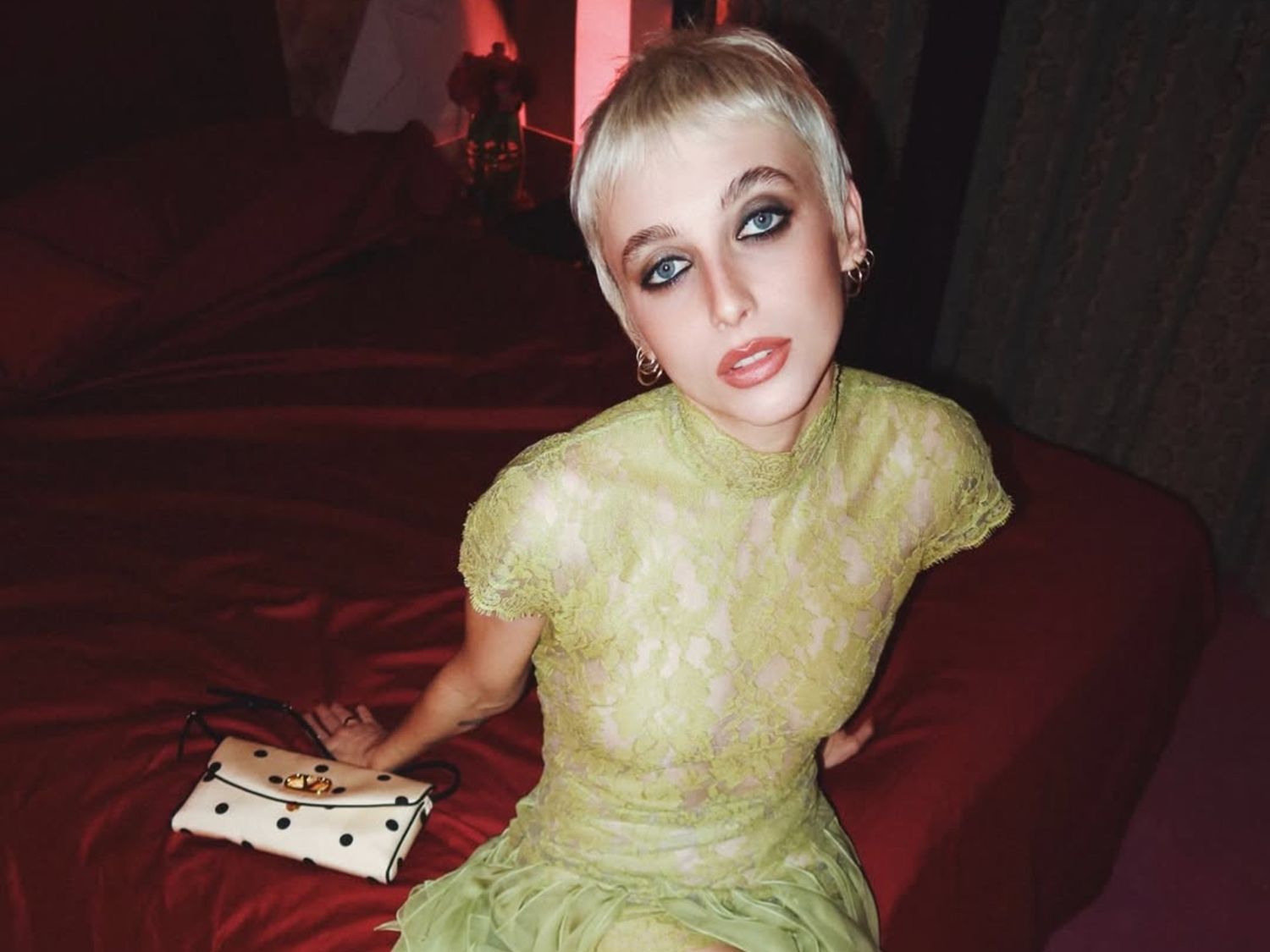 Short Blonde Bangs with a Light Green Lace Dress — Short Bangs