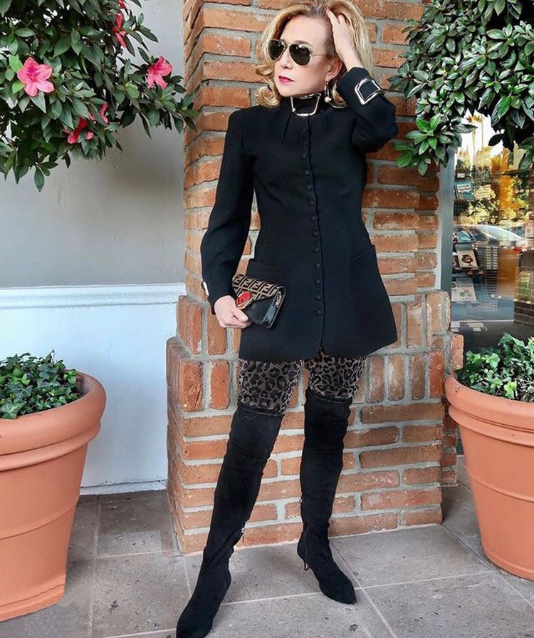 Coat Dress with Over-the-Knee Boots and Statement Tights — Black Outfits