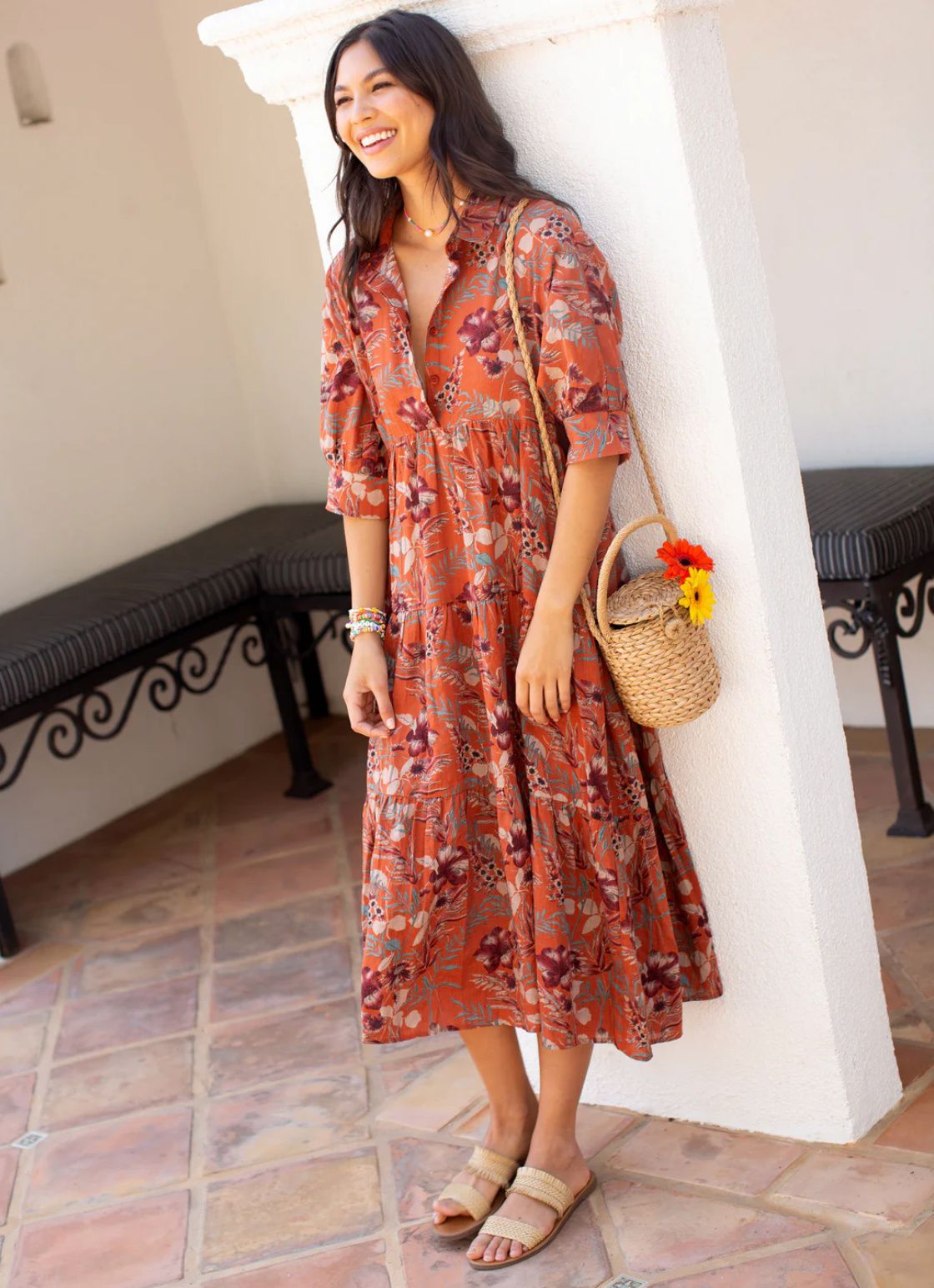 Orange Floral Midi Dress for Cheerful Daytime Casual Orange Floral Midi Dress for Cheerful Daytime Casual — Rome Outfits