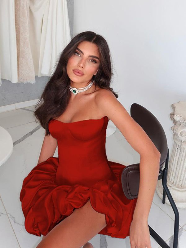 Party Red Strapless Mini Dress with Gathered Bubble Hem Detail Party Red Strapless Mini Dress with Gathered Bubble Hem Detail — Dresses for Skinny Girls