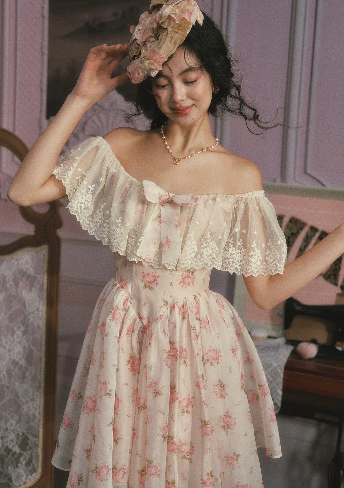 Soft Pink Floral Off-the-Shoulder Dress with Lace and Pearls — Princesscore Outfits
