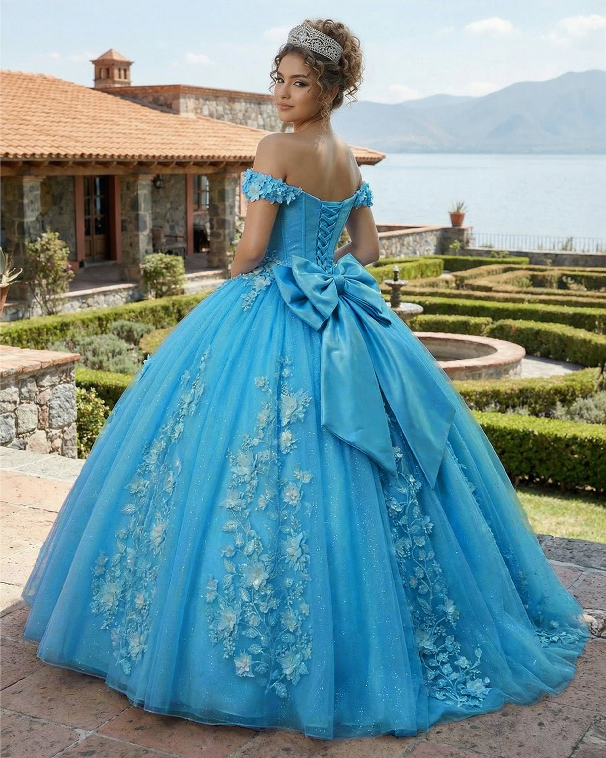 Sky Blue Ballgown with Dramatic Satin Bow Accent Sky Blue Ballgown with Dramatic Satin Bow Accent — Quinceanera Dresses