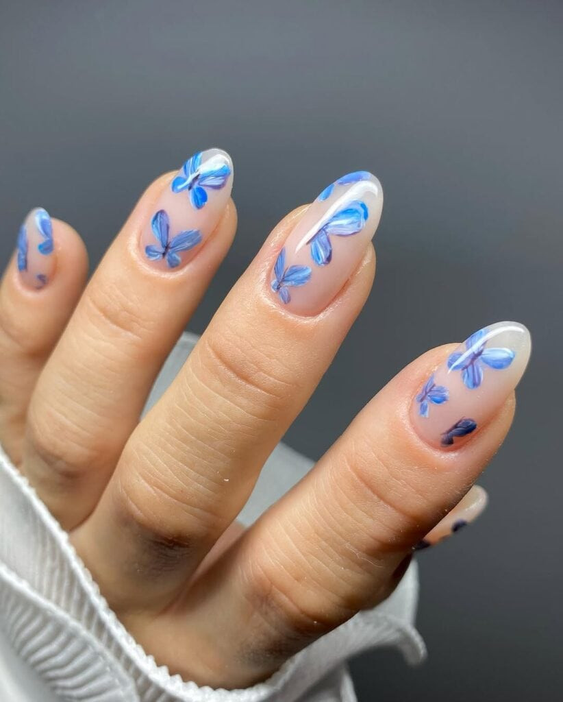 Watercolor Blue Butterflies Sheer Glossy Watercolor Blue Butterflies Sheer Glossy — Butterfly Nails