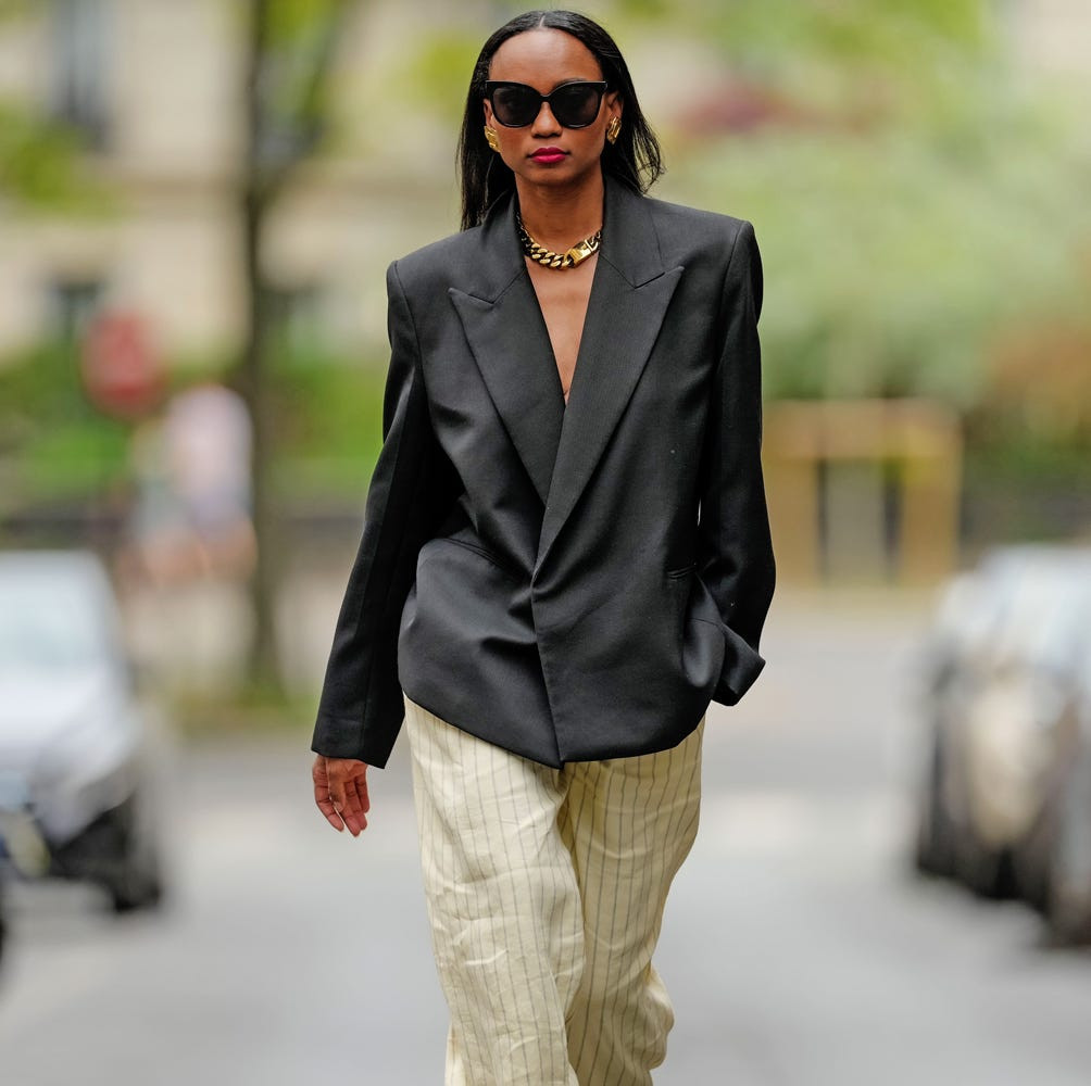 Oversized Black Blazer with Striped Wide-Leg Trousers — First Day of Work Outfits