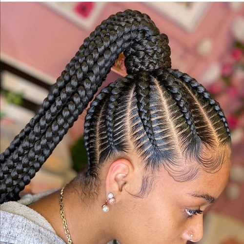 Cornrows Feeding Into A High Braided Ponytail