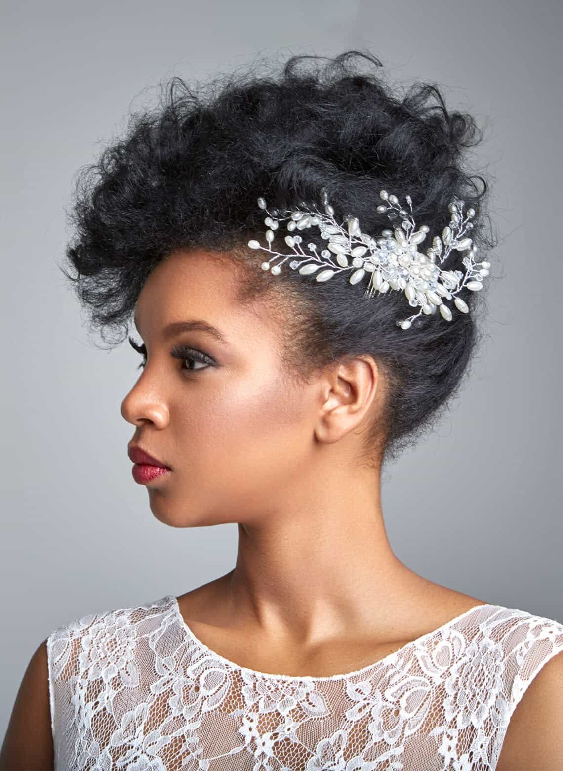 Voluminous Afro Updo with Pearl Accessory — Prom Hairstyles for Black Women