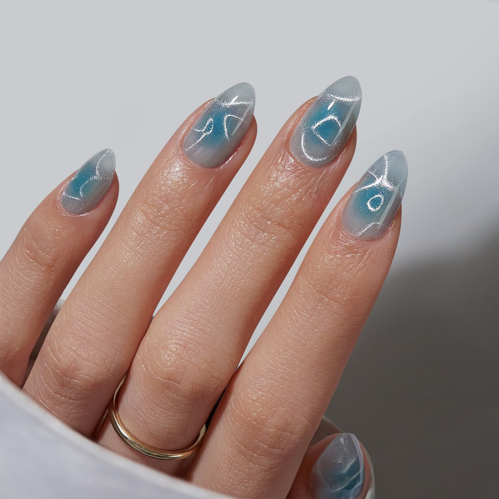 Translucent Blue Abstract Silver Line Nails Translucent Blue Abstract Silver Line Nails — Denim Nails