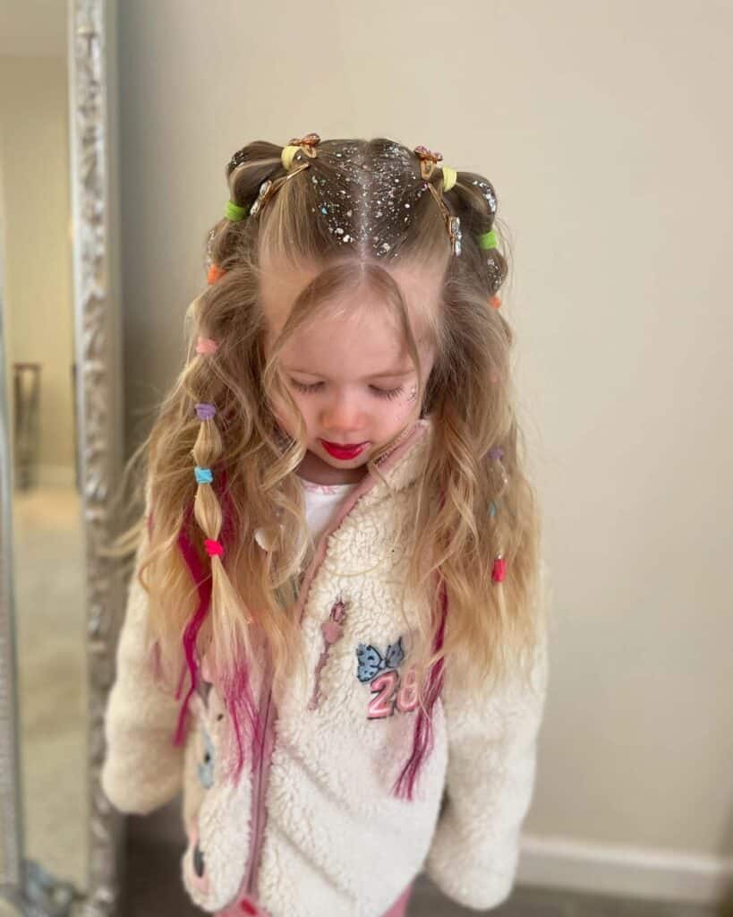 Blonde Space Buns With Glitter And Beads — Picture Day Hairstyles