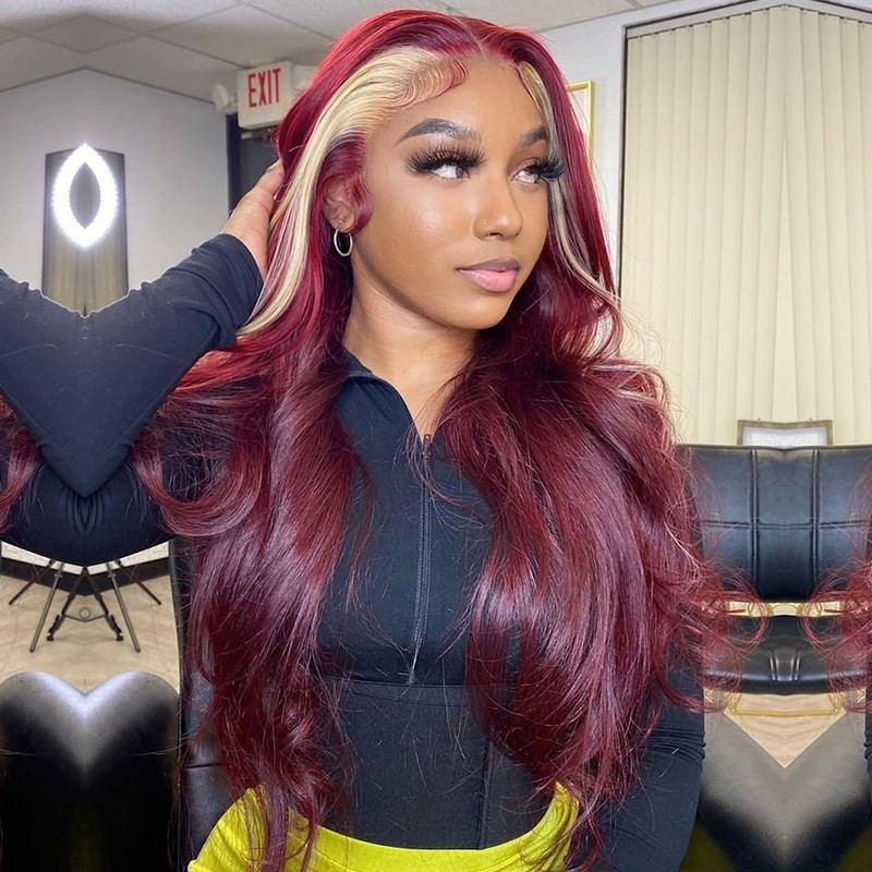 Mid-Back Red With Blonde Money Piece Mid-Back Red With Blonde Money Piece — Skunk Stripe Hair