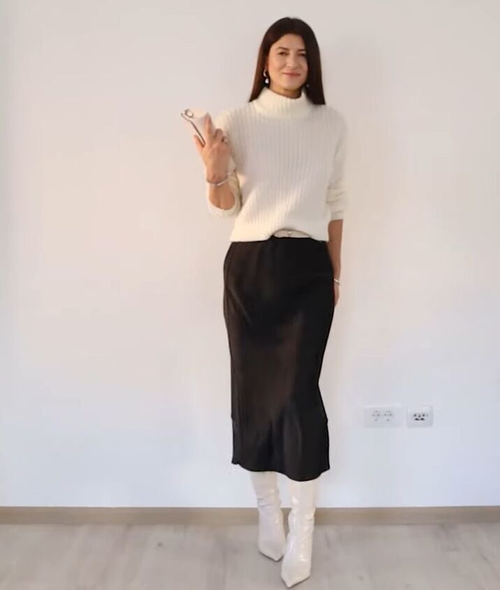 Black Satin Midi Skirt with Ribbed Turtleneck — Midi Skirt Outfits