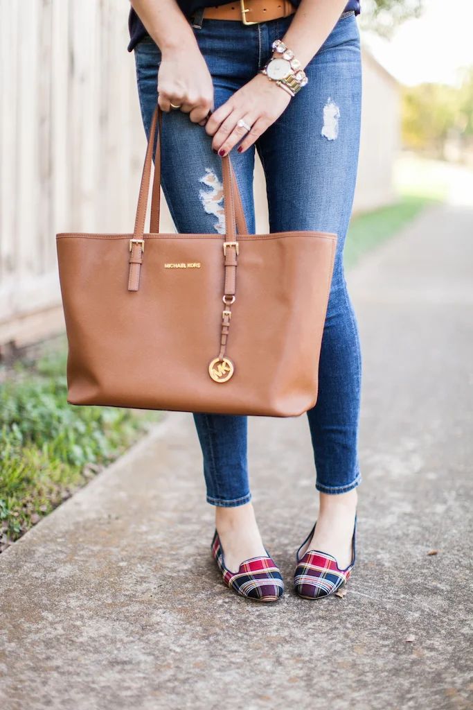 Casual Everyday Style with Tan Tote and Plaid Flats — Michael Kors Bag Outfits