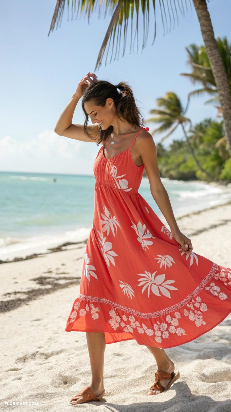 Orange Floral Midi Dress for Beach Vacations Orange Floral Midi Dress for Beach Vacations — Florida Outfits
