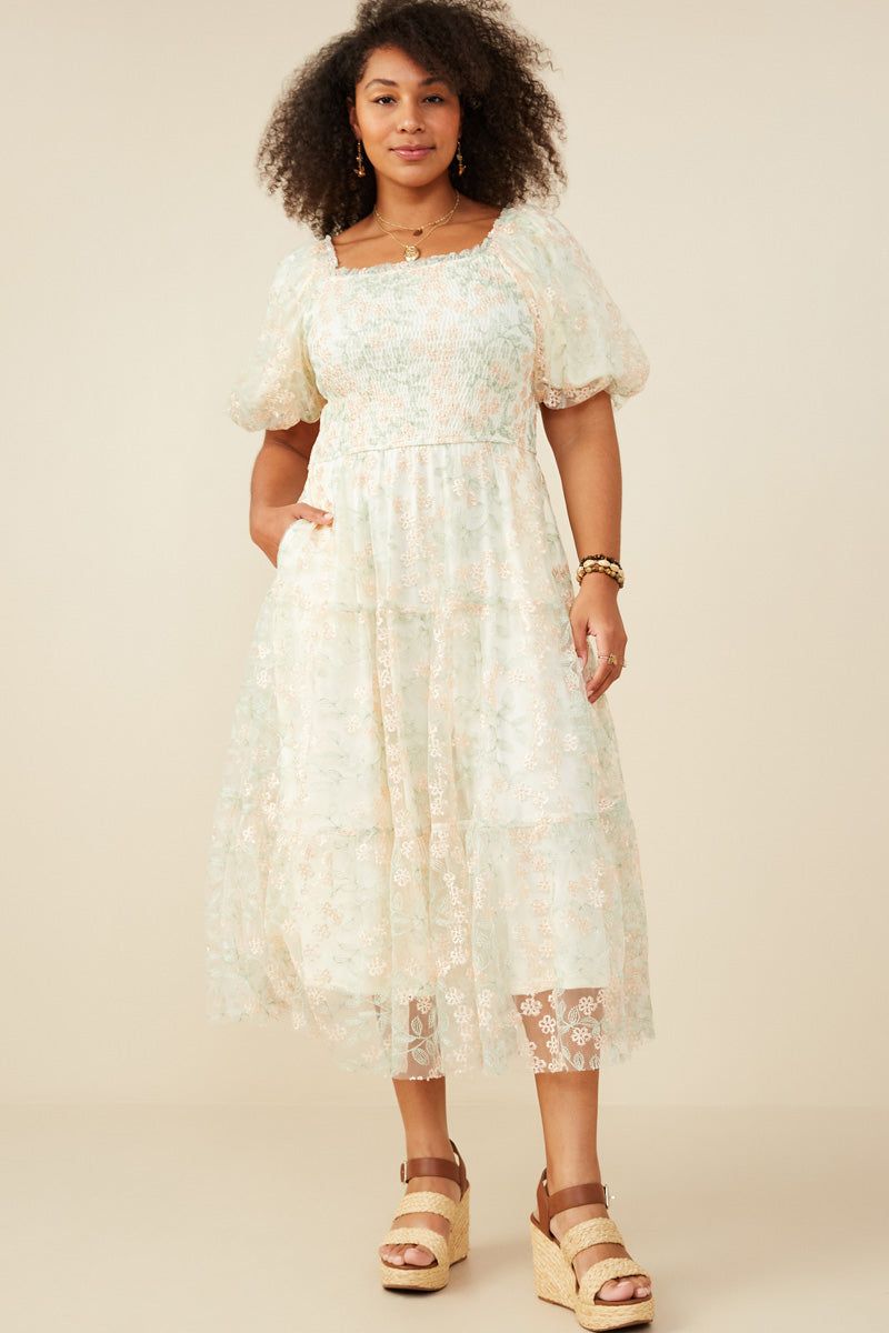 Smocked Bodice Floral Tiered Midi Dress for Daytime — Tiered Dresses
