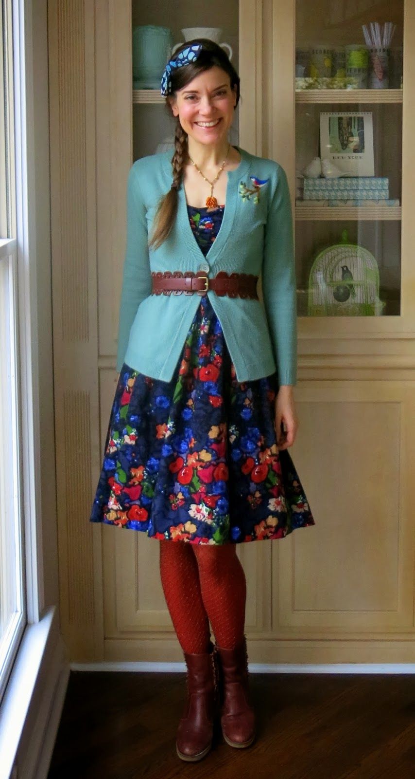 Charming Layers: Floral Dress with Cardigan and Belt Charming Layers: Floral Dress with Cardigan and Belt — Substitute Teacher Outfits