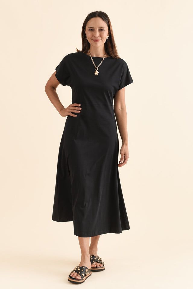 A-Line Midi Dress with Gold Pendant and Studded Sandals — Funeral Dresses