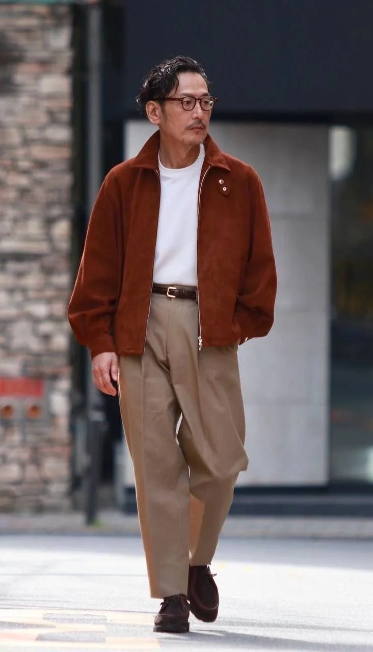 Polished Casual: Rust Suede Bomber Jacket and Khaki Trousers Polished Casual: Rust Suede Bomber Jacket and Khaki Trousers — Outfits for Men Over 40