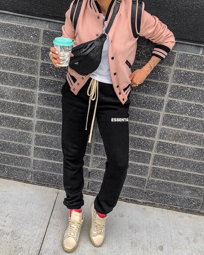 Casual Pink Bomber Jacket with Black Joggers Casual Pink Bomber Jacket with Black Joggers — Jogger Outfits