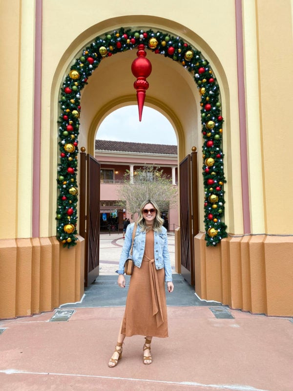 Denim Jacket Over Rust Midi Dress for Casual Outings — Orlando Outfits