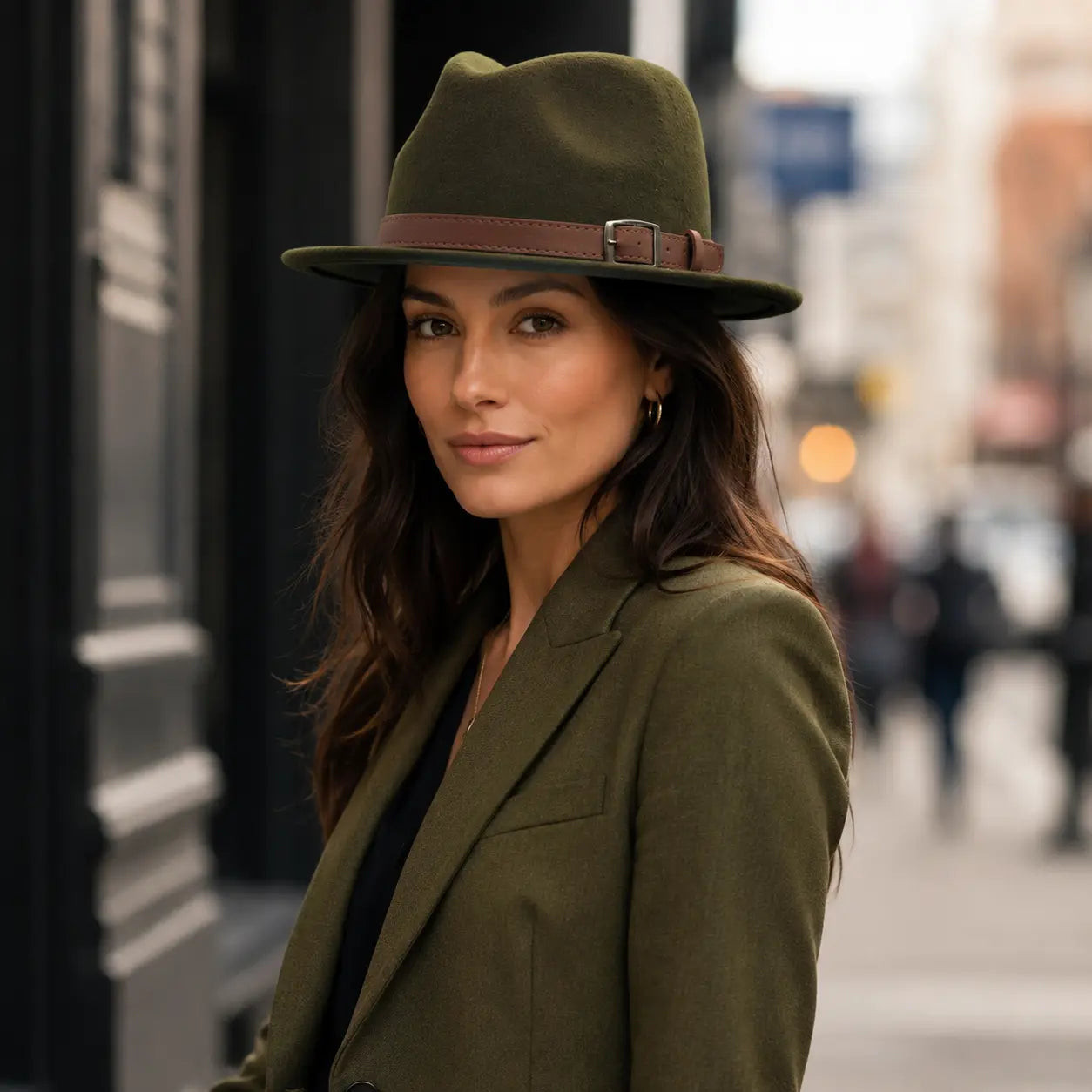 Urban Chic: Olive Green Fedora with Matching Blazer — Fedora Outfits Women