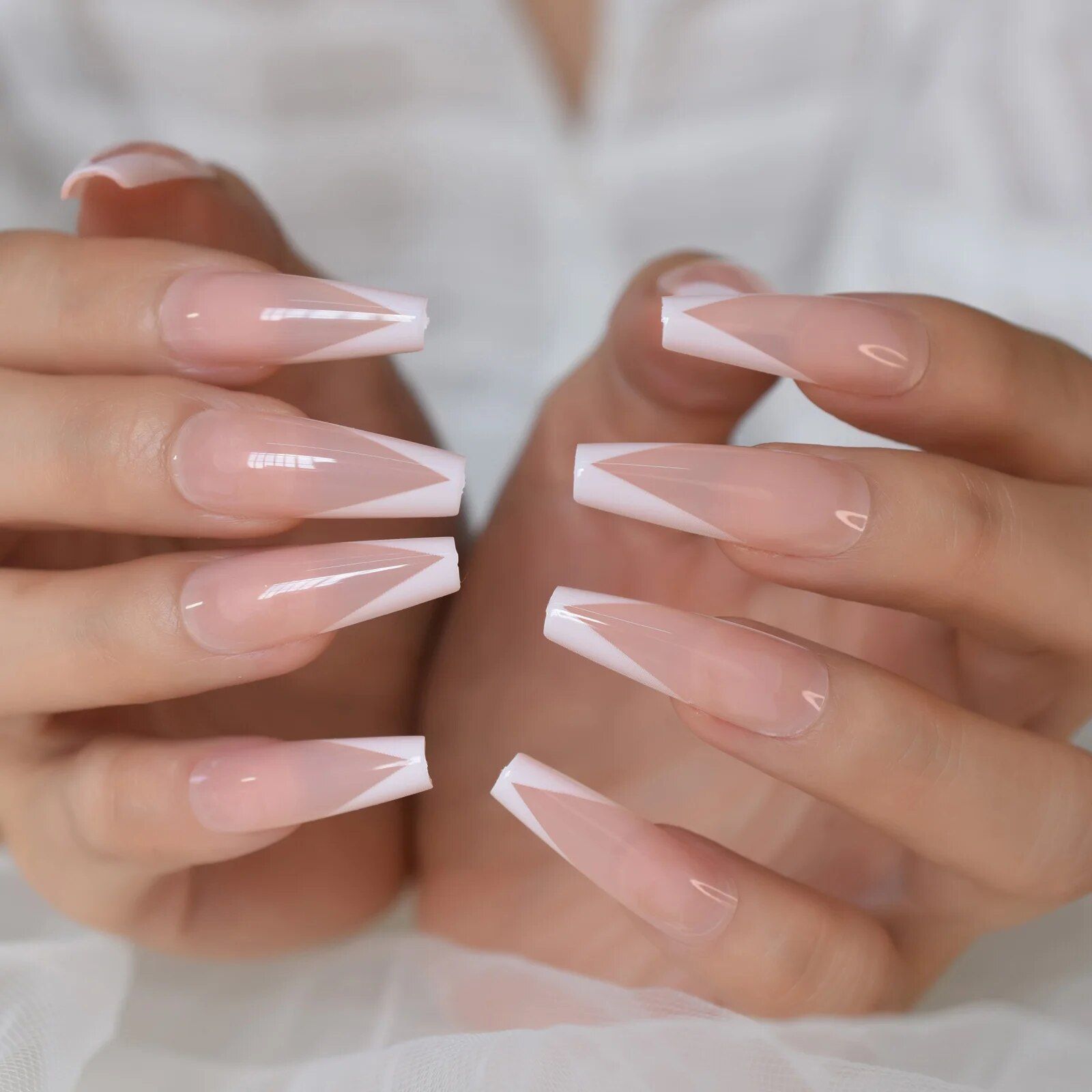 Sheer Nude White V-Shaped French Tip Coffin Nails Sheer Nude White V-Shaped French Tip Coffin Nails — Long Coffin Nails