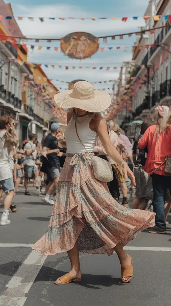 Patterned Maxi Skirt with Straw Hat for Festive Occasions — Portugal Outfits