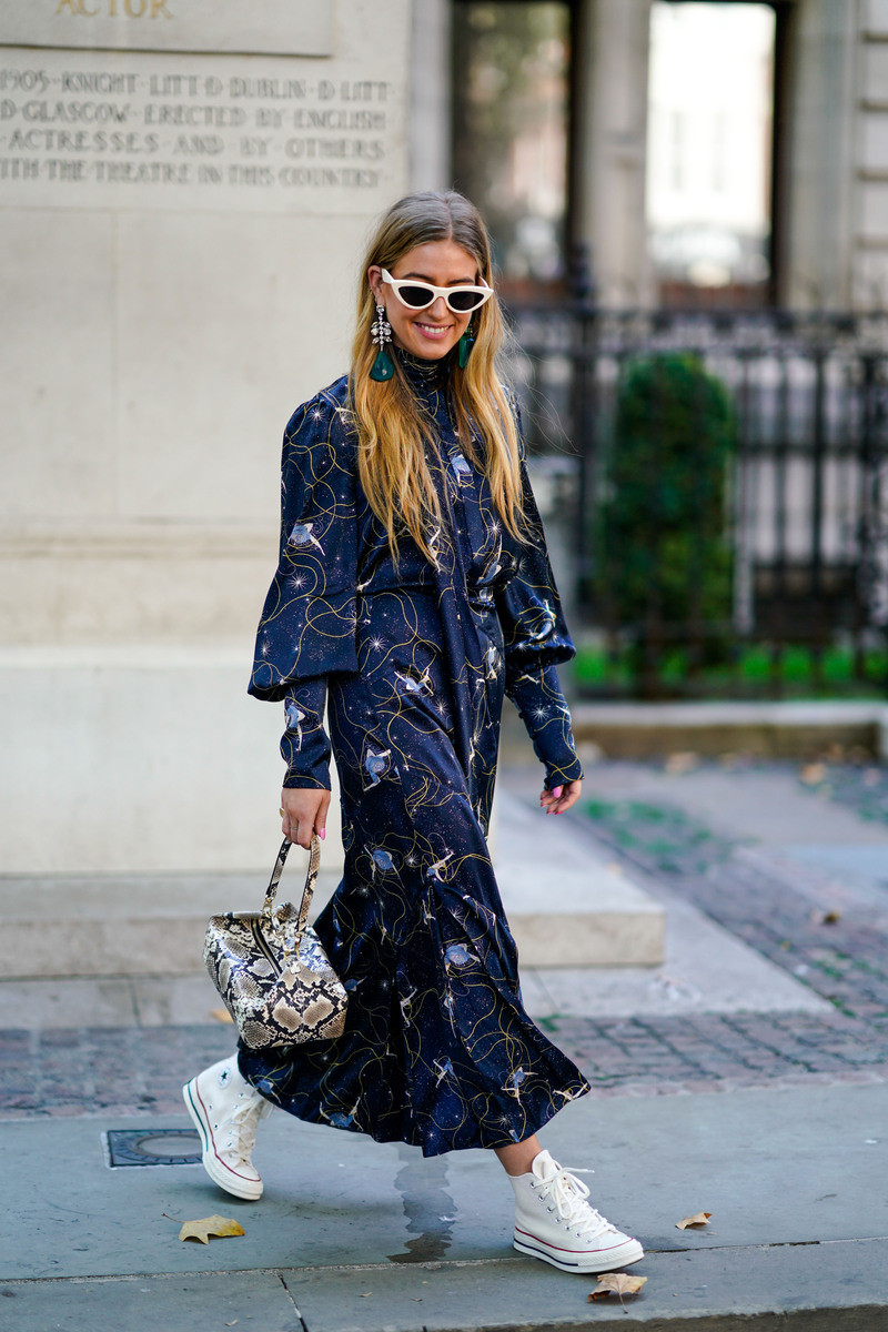 Celestial Print Maxi Dress with High-Top Sneakers — Sneakers with Dress Outfits