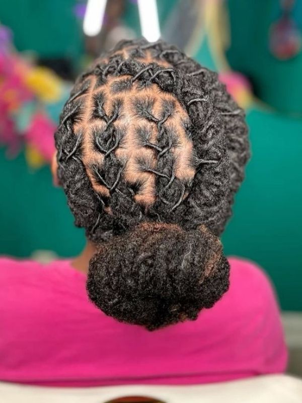 Geometric Scalp Pattern High Bun — Loc Updos