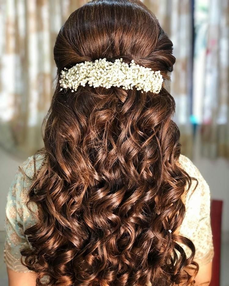 Voluminous Curls Half-Up with Floral Accessory — Engagement Photo Hairstyles