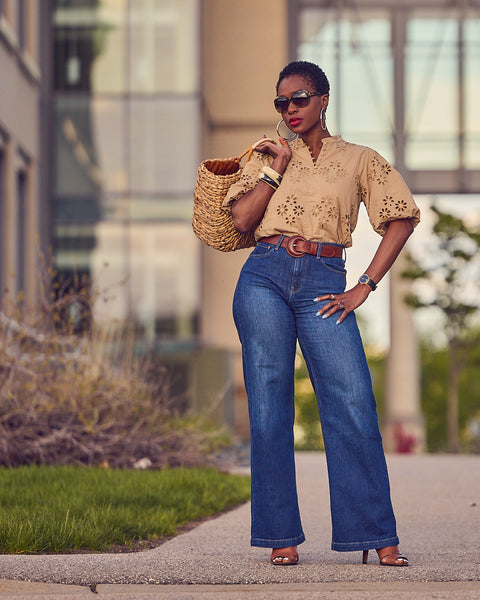 Statement Sleeves: Eyelet Blouse and Heeled Sandals with Blue Wide Leg Jeans — Wide Leg Jeans Outfits
