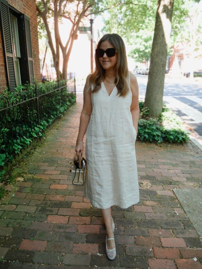 Light Pink Mesh Flats with Sleeveless White Linen Midi Dress — She Carries A Small Handbag Light Pink Mesh Flats with Sleeveless White Linen Midi Dress — She Carries A Small Handbag — Mesh Ballet Flats Outfits