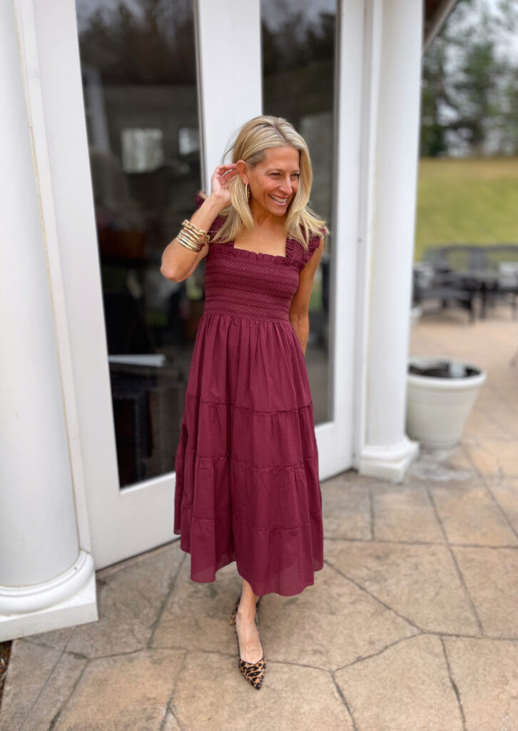 Burgundy Gingham Midi Dress with Leopard Heels Burgundy Gingham Midi Dress with Leopard Heels — Nap Dresses